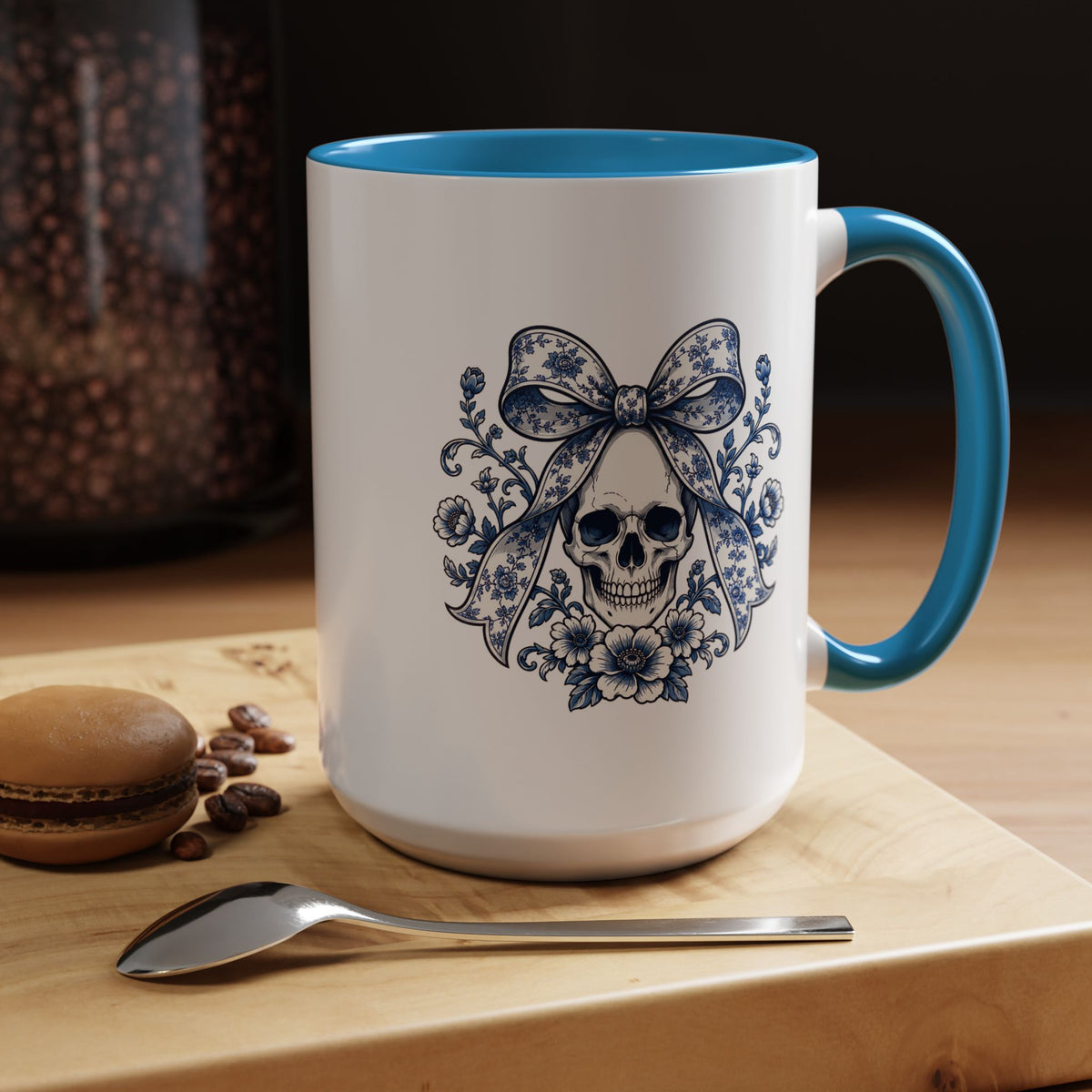 Blue Floral Skull Mug, Gothic Coquette Bow Coffee Cup, Alternative Halloween Gift for Her, Dark Academia Kitchen Decor, Spooky Present