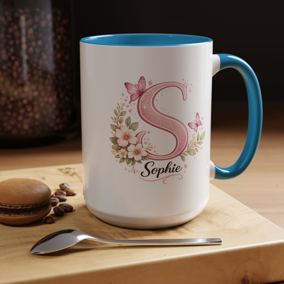 Personalized Butterfly Initial Mug, Custom Name Coffee Mug for Girls and Women, Pink Floral Monogram Cup, Birthday Gift, Custom Letter Mug