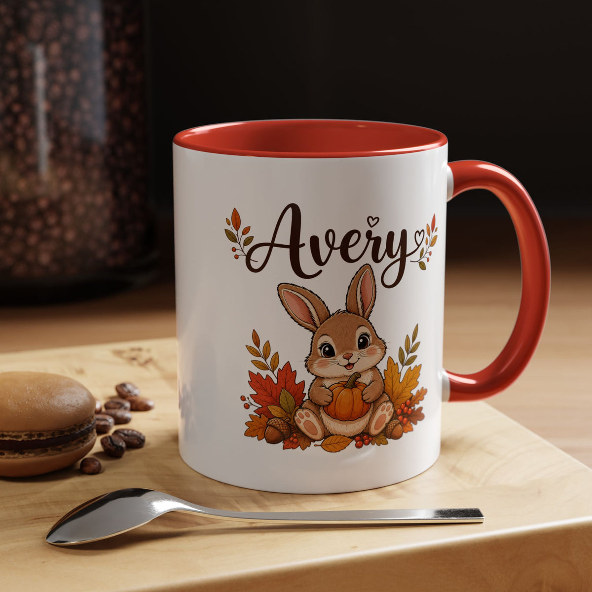 Personalized Bunny Mug with Name, Autumn Rabbit Coffee Cup, Cute Fall Woodland Gift for Daughter, Easter Basket or Birthday Keepsake