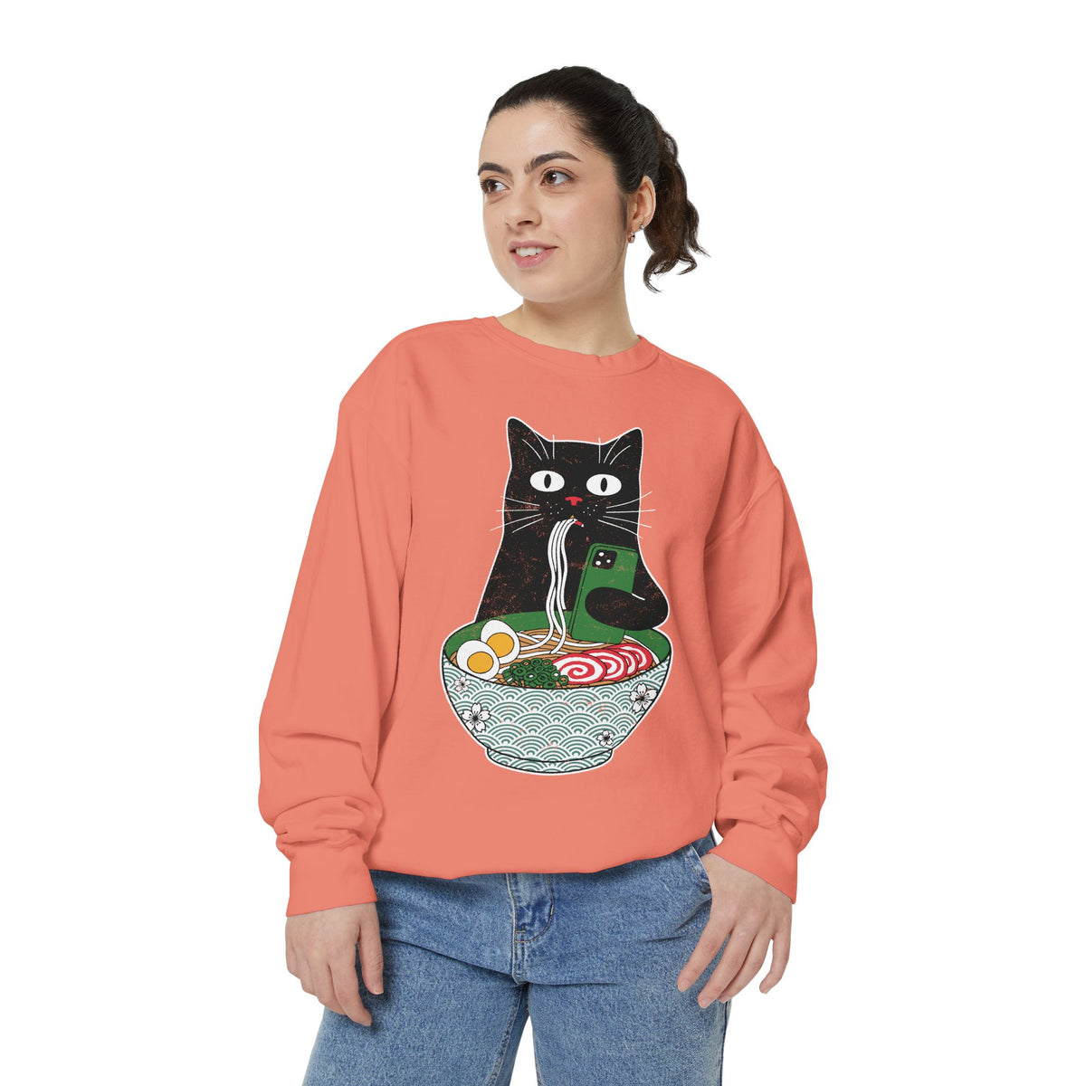 Ramen Cat Comfort Colors Sweatshirt, Funny Cat Eating Noodles Shirt, Cat Lover Graphic Crewneck, Foodie Gift Idea