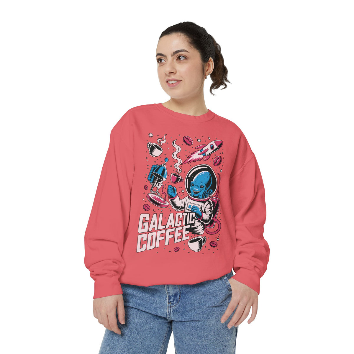 Galactic Coffee Comfort Colors Sweatshirt, Funny Alien Coffee Lover Shirt, Space Nerd Sweatshirt, Sci Fi Gift for Coffee Fans