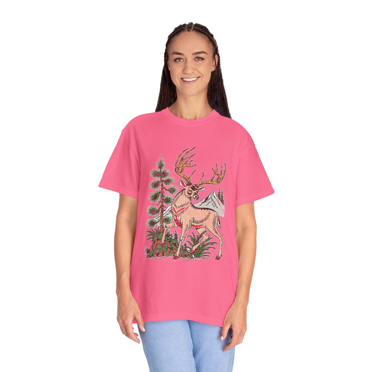 Woodland Deer Shirt, Rustic Stag and Mountain Graphic, Gift for Wildlife Lovers and Hikers, Forest Inspired Cabin Weekend Clothing