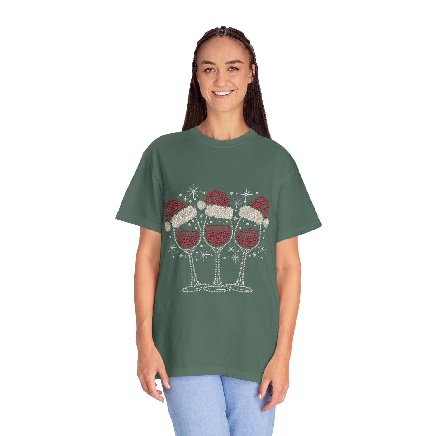 Christmas Wine Glass Shirt, Rhinestone Style Santa Hat T-Shirt, Sparkly Holiday Party Tee, Gift for Wine Lover or Girls Christmas Night