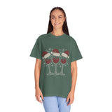 Christmas Wine Glass Shirt, Rhinestone Style Santa Hat T-Shirt, Sparkly Holiday Party Tee, Gift for Wine Lover or Girls Christmas Night