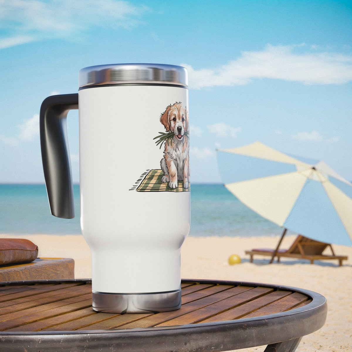 Golden Puppy Travel Mug with Handle, Cute Dog and Flower Coffee Cup, Gift for Dog Moms, Pet Lovers and Animal Lovers, Cute Dog Art