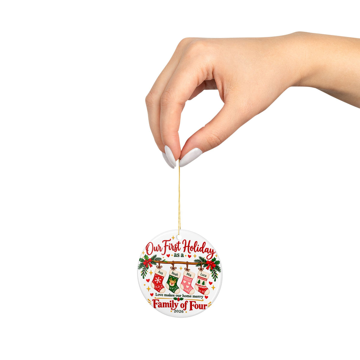 Personalized Family of Four Christmas Ornament, Our First Holiday with Custom Names on Stockings, Keepsake Gift for Parents and New Families
