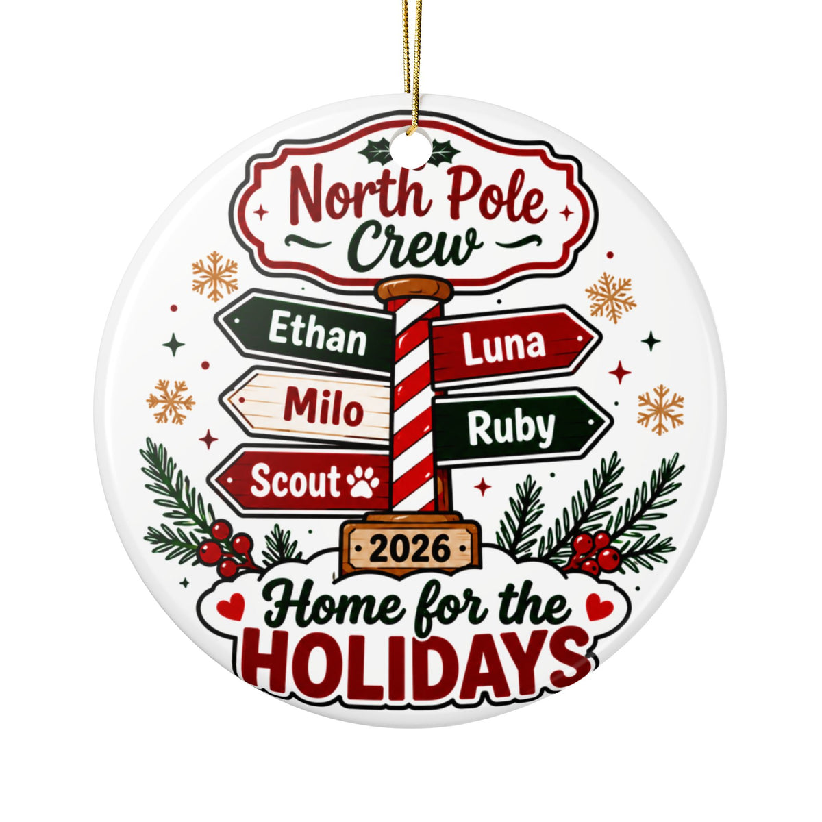Personalized North Pole Christmas Ornament, Custom Family Name Keepsake, Festive Signpost Decor, Unique Holiday Gift for Families