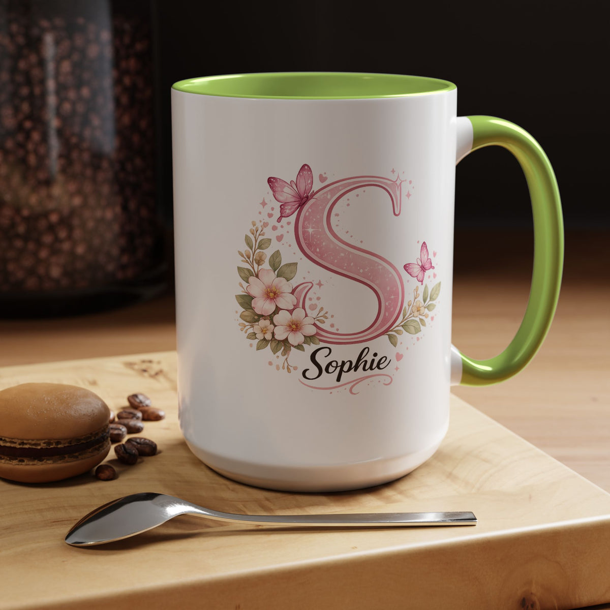 Personalized Butterfly Initial Mug, Custom Name Coffee Mug for Girls and Women, Pink Floral Monogram Cup, Birthday Gift, Custom Letter Mug