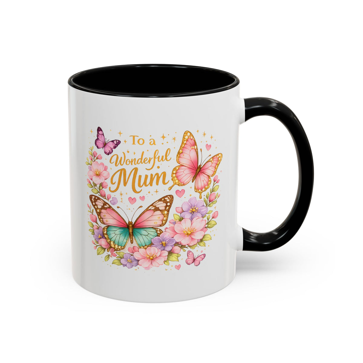 To a Wonderful Mum Coffee Mug, Cute Butterfly Birthday Gift for Mother, Floral Pastel Watercolor Ceramic Tea Cup with Pink Handle, Mum Gift