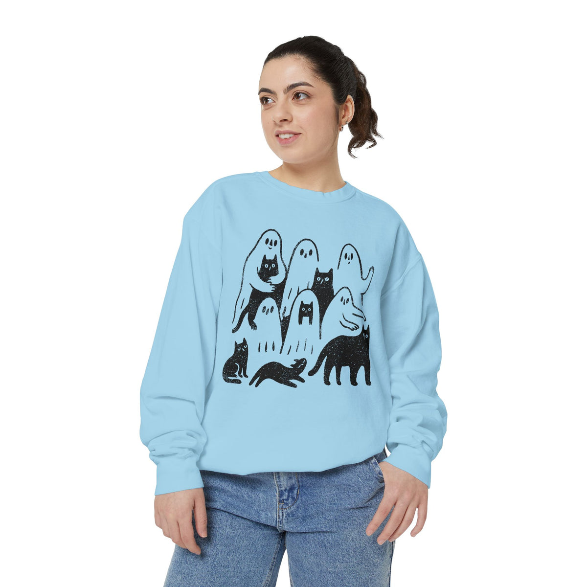 Ghost Cat Halloween Sweatshirt, Cute Spooky Cats and Ghosts Pullover, Cozy Pet Lover Gift, Minimal Black and White Fall Outfit for Women