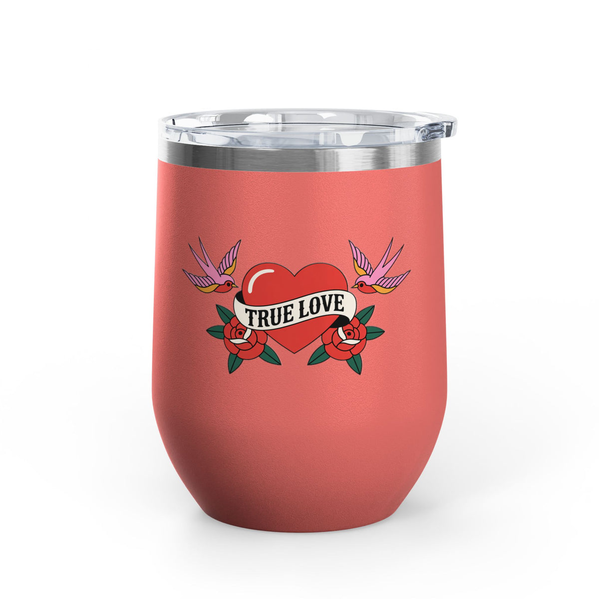 True Love Wine Tumbler, Vintage Tattoo Heart and Roses Cup, Romantic Anniversary Gift, Retro Drinkware for Couples