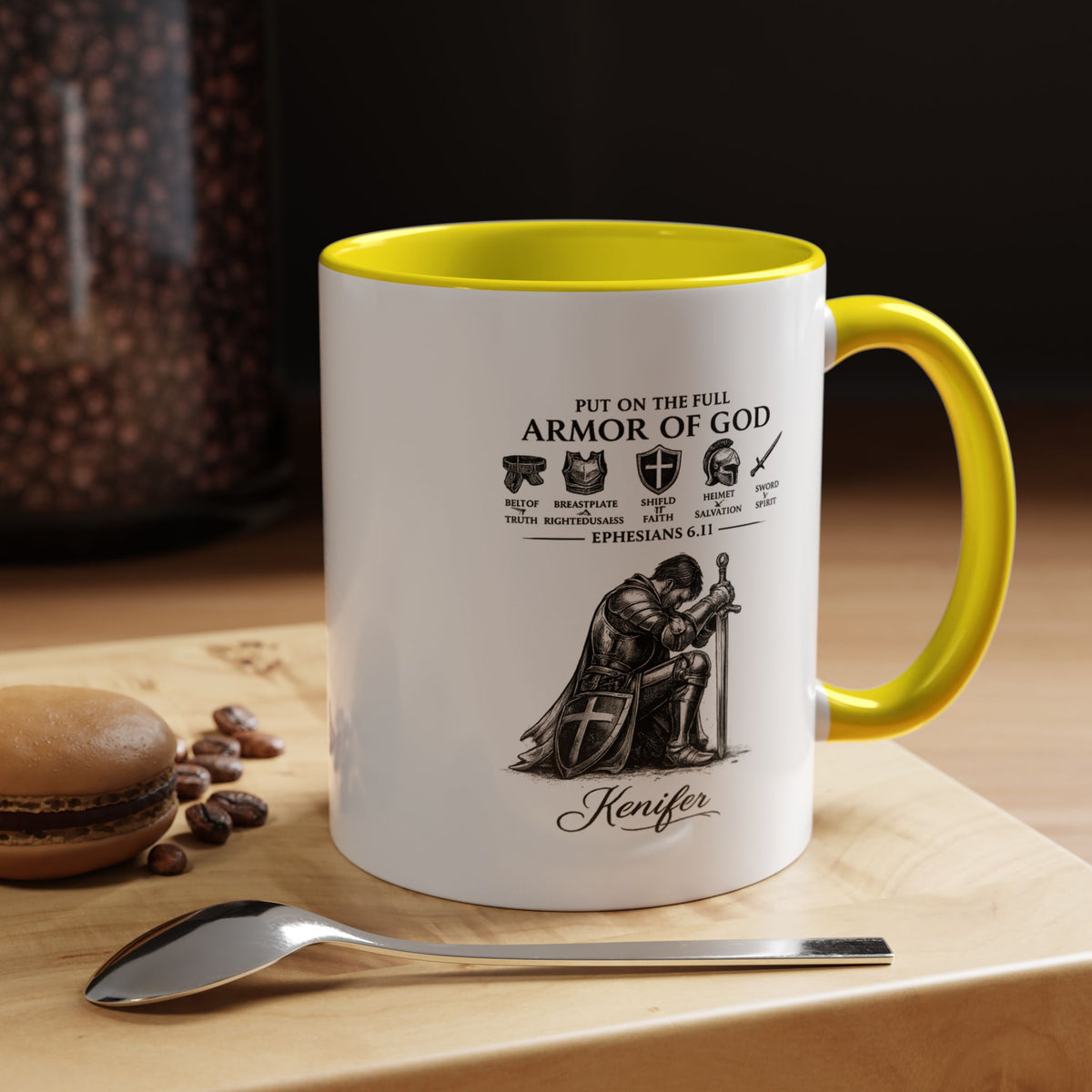 Full Armor of God Coffee Mug with Name, Personalized Christian Knight Gift for Men, Inspirational Scripture Ceramic Tea Cup, Religious Faith Present