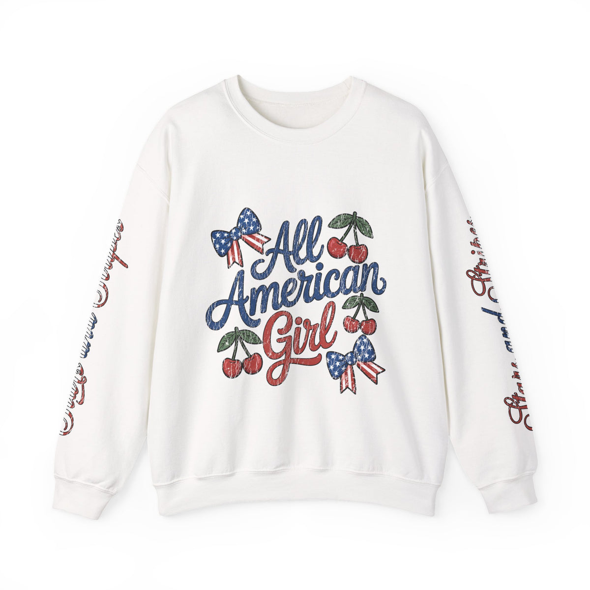 All American Girl Sweatshirt, Patriotic Womens Pullover, USA Flag Cherry Top, Vintage Americana Style, Fourth of July Gift