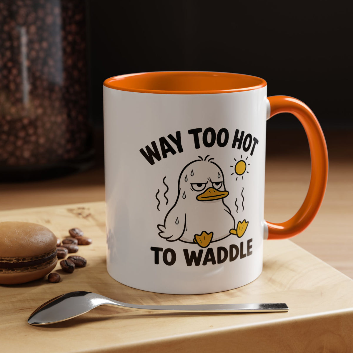 Way Too Hot to Waddle Coffee Mug, Funny Duck Lover Gift for Coworkers, Cute Summer Heat Sarcastic Ceramic Tea Cup with Orange Handle