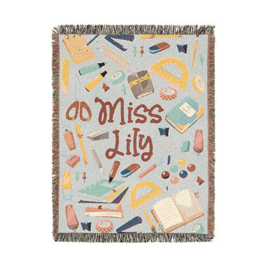 Custom Name Teacher Blanket, Cute School Supplies Throw for Classroom Decor, Thoughtful Educator Gift, Back to School Keepsake for Her