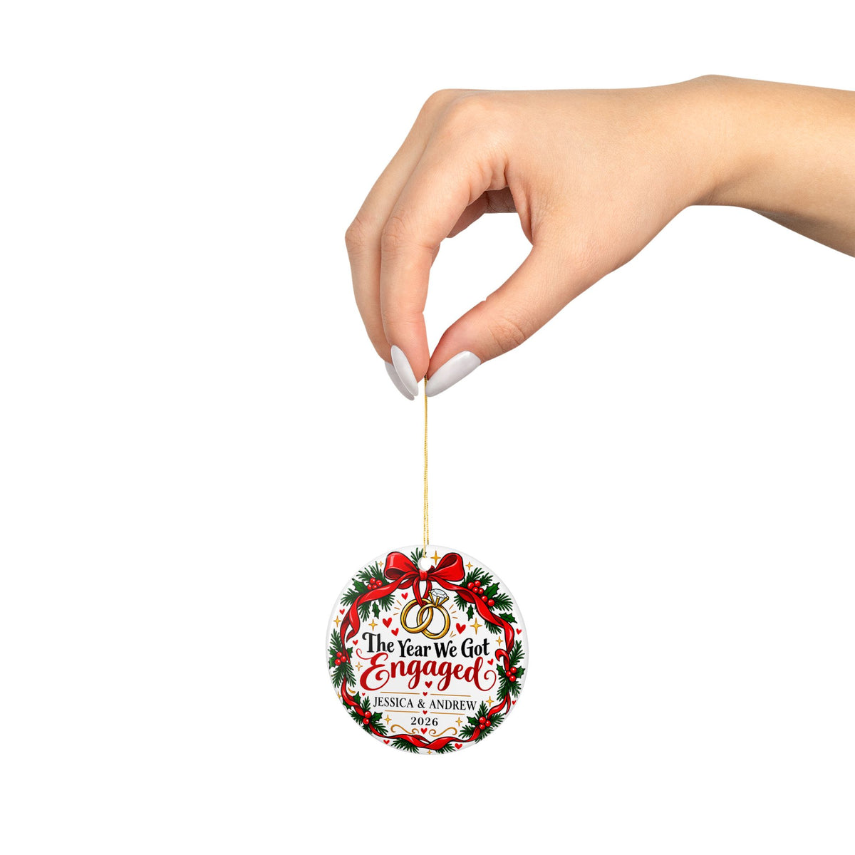 Personalized Engagement Christmas Ornament, The Year We Got Engaged with Names and Year, Red Bow Wreath Keepsake Gift for Engaged Couples