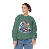 Japanese Surfing Raccoon Sweatshirt, Retro Wave Graphic Crewneck, Funny Animal Surfer Gift, Japan Inspired Beachwear Cozy Pullover