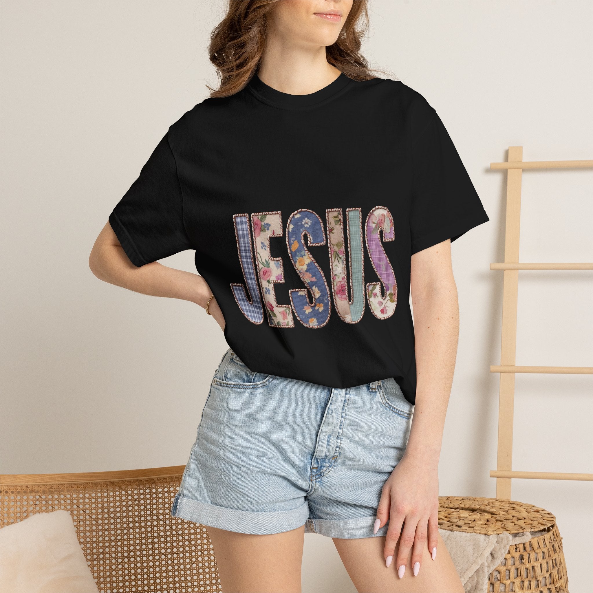 Jesus Patchwork Graphic Tee, Floral Christian Shirt, Cute Faith Based T Shirt, Vintage Coquette Religious Shirt