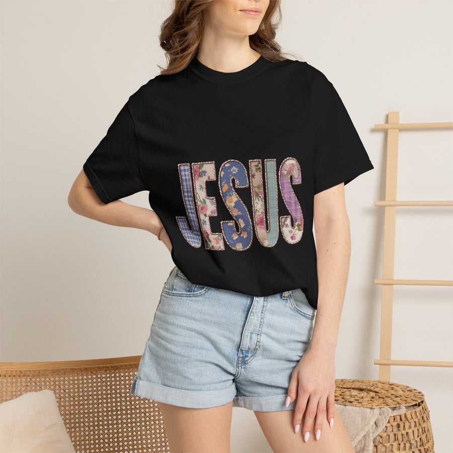 Jesus Patchwork Graphic Tee, Floral Christian Shirt, Cute Faith Based T Shirt, Vintage Coquette Religious Shirt