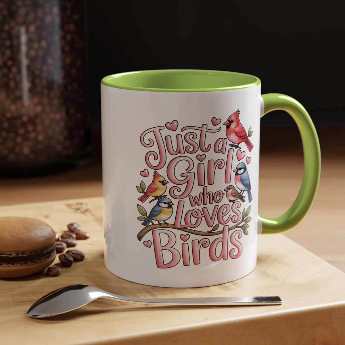 Bird Lover Coffee Mug, Just a Girl Who Loves Birds Quote, Pink Lettering and Garden Songbird Design, Birthday Gift for a Birdwatching Friend