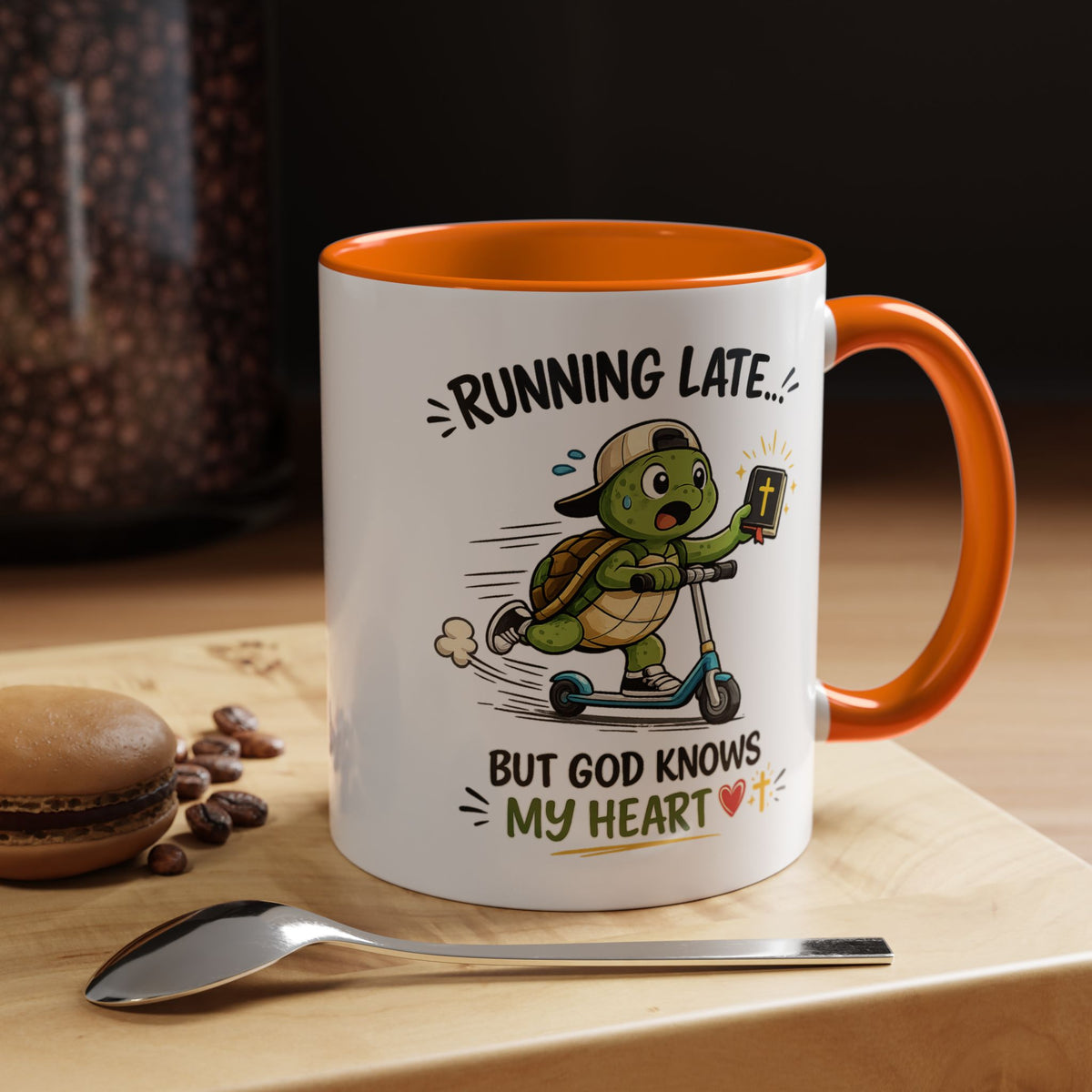 Christian Turtle Coffee Mug, Running Late But God Knows My Heart Mug, Funny Faith Based Mug, Christian Gift for Friends, Bible Lover Cup