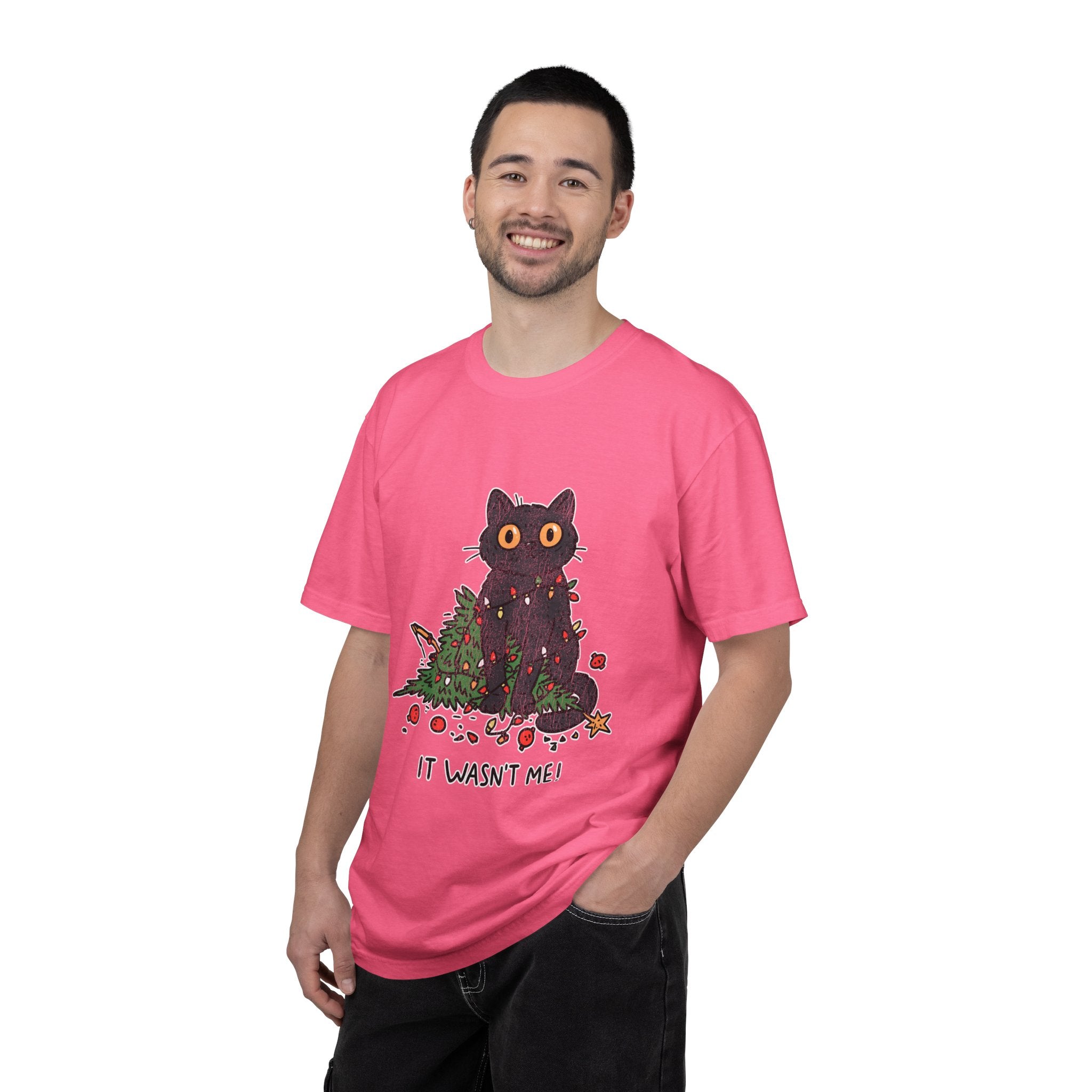 It Wasn't Me Black Cat Christmas Shirt, Funny Holiday T-Shirt, Mischievous Kitty Lights Tee, Gift for Cat Mom, Cat Dad, Christmas Party Top