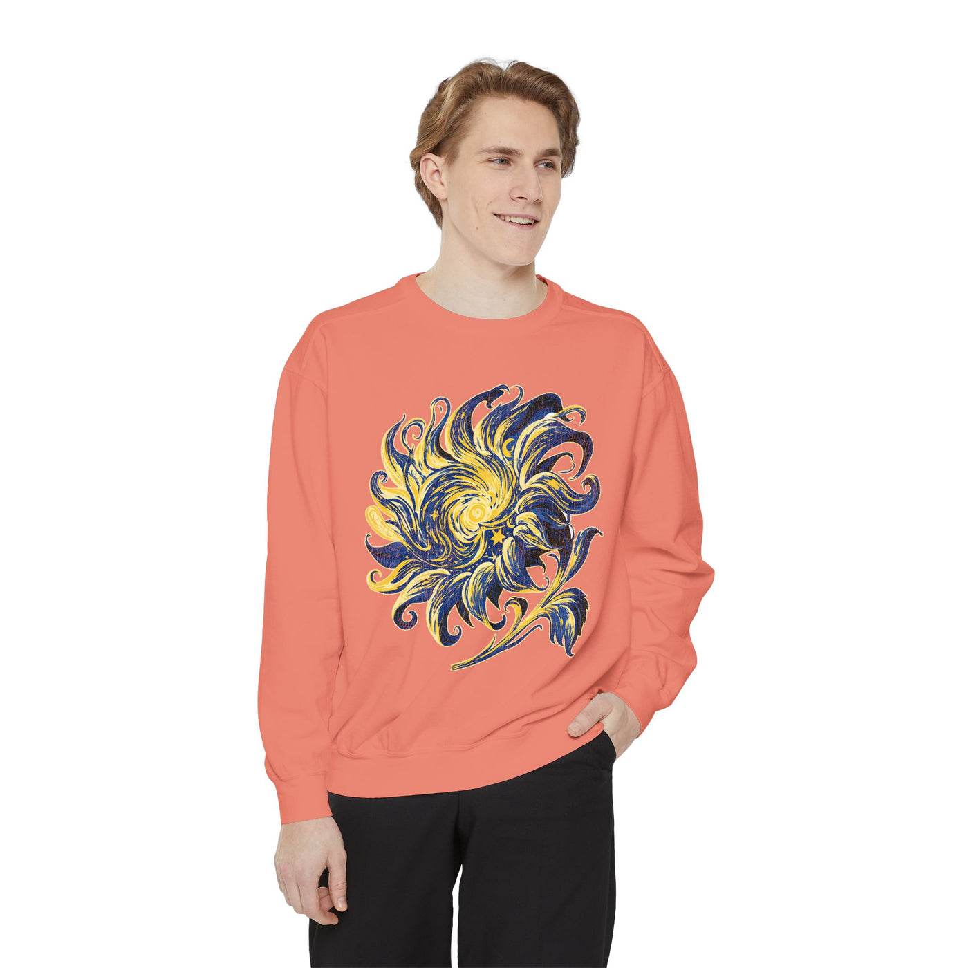 Celestial Sun Graphic Sweatshirt, Blue and Gold Cosmic Pullover, Mystical Night Sky Top, Astrology Gift for Stargazers and Dreamers