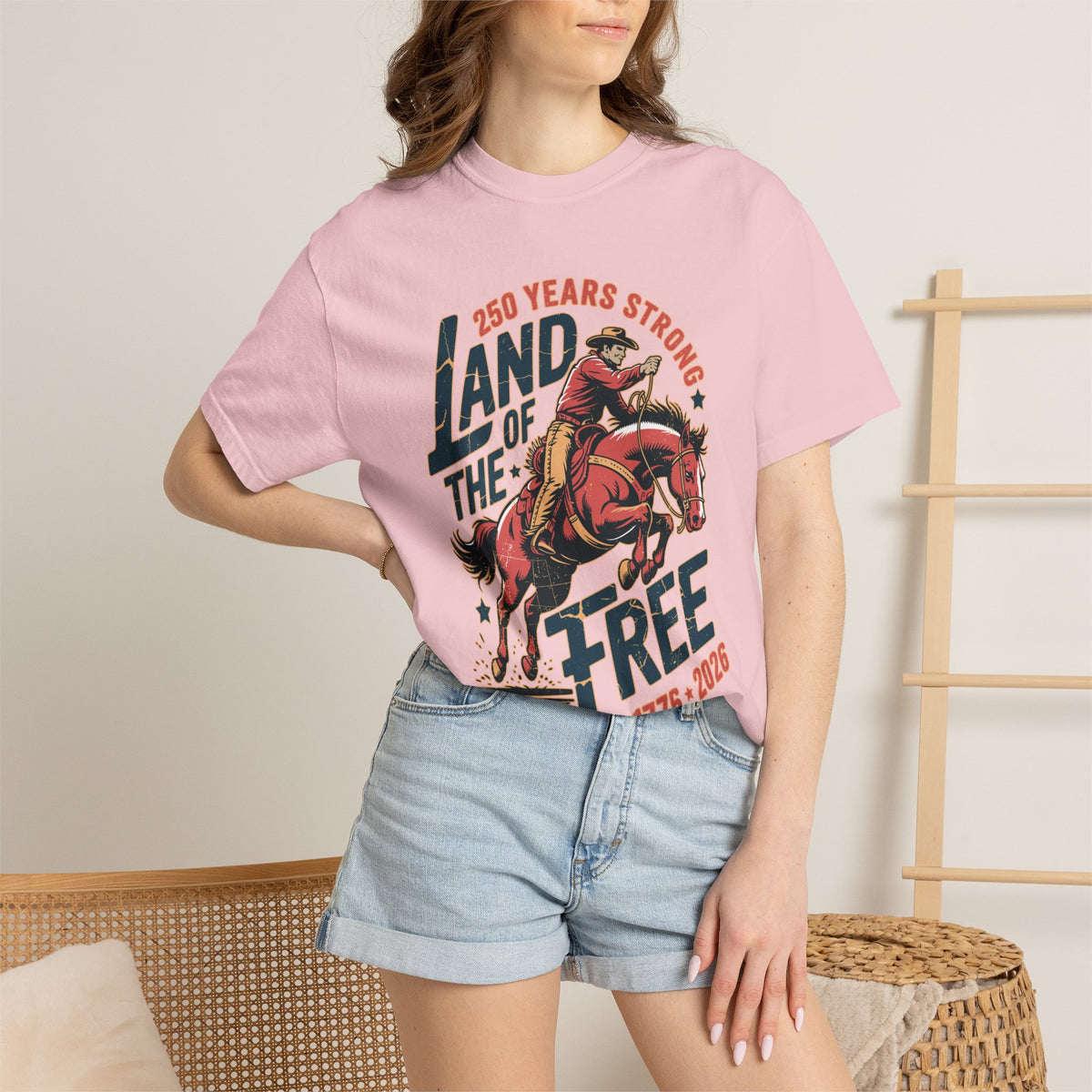 Land of the Free 250 Years Strong Comfort Colors Shirt, America 250th Anniversary Tee, Patriotic Cowboy Graphic Shirt, USA 1776-2026