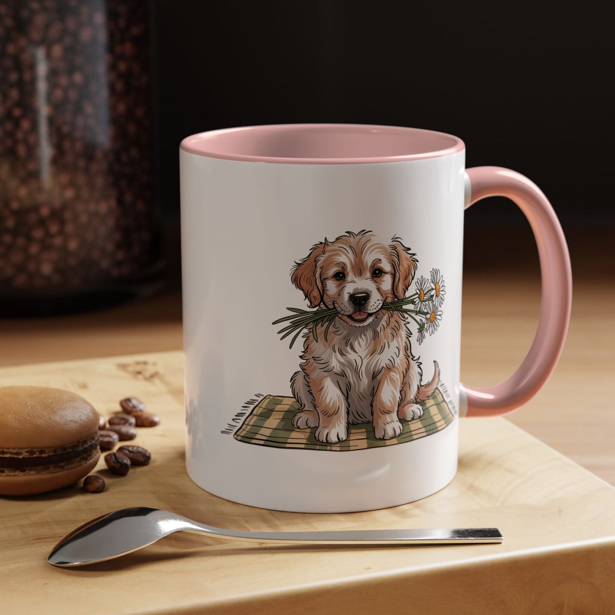 Cute Puppy Coffee Mug, Fluffy Dog Holding Daisies on a Gingham Blanket, Birthday Gift for a Dog Mom or Animal Lover Who Enjoys Cottage Style