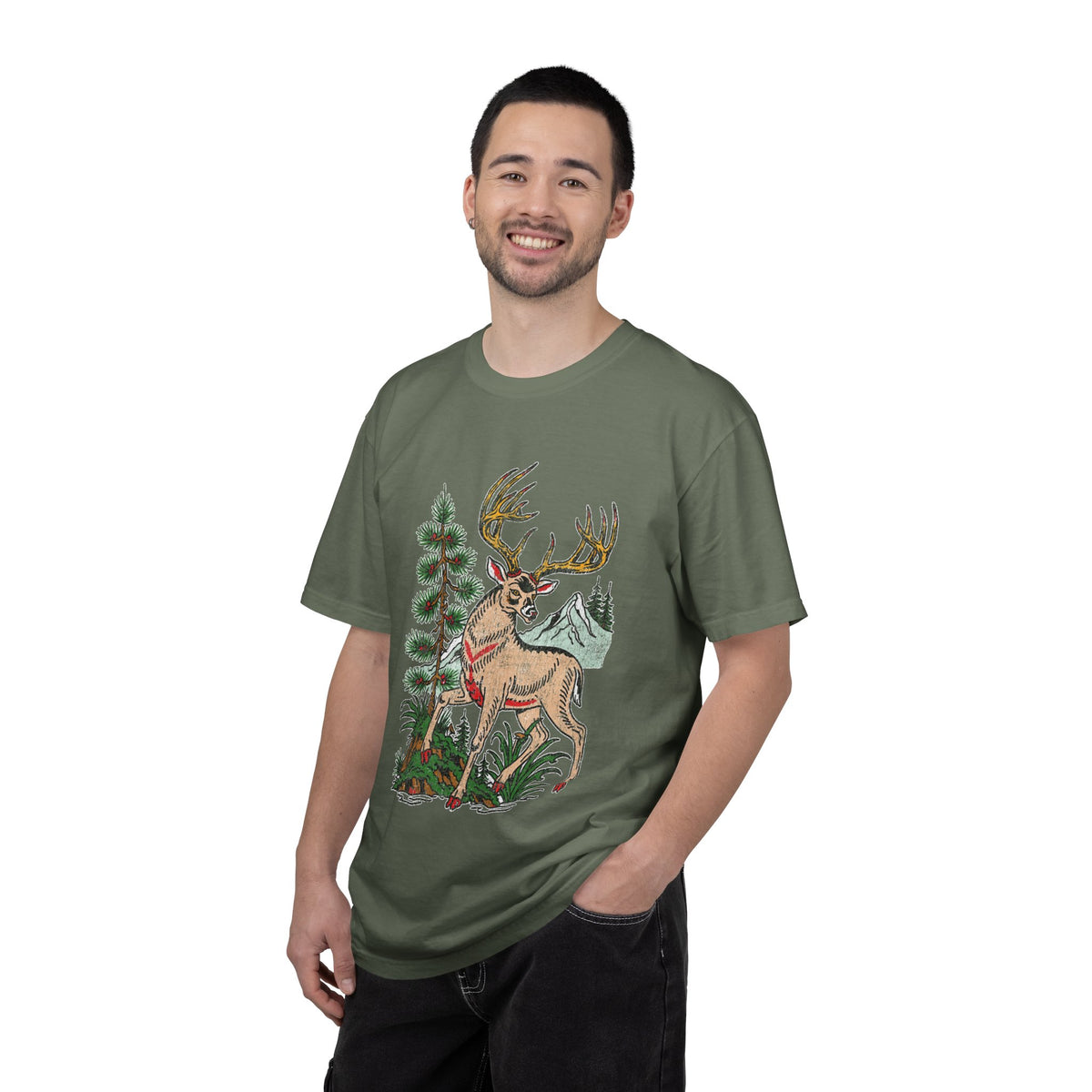 Woodland Deer Shirt, Rustic Stag and Mountain Graphic, Gift for Wildlife Lovers and Hikers, Forest Inspired Cabin Weekend Clothing