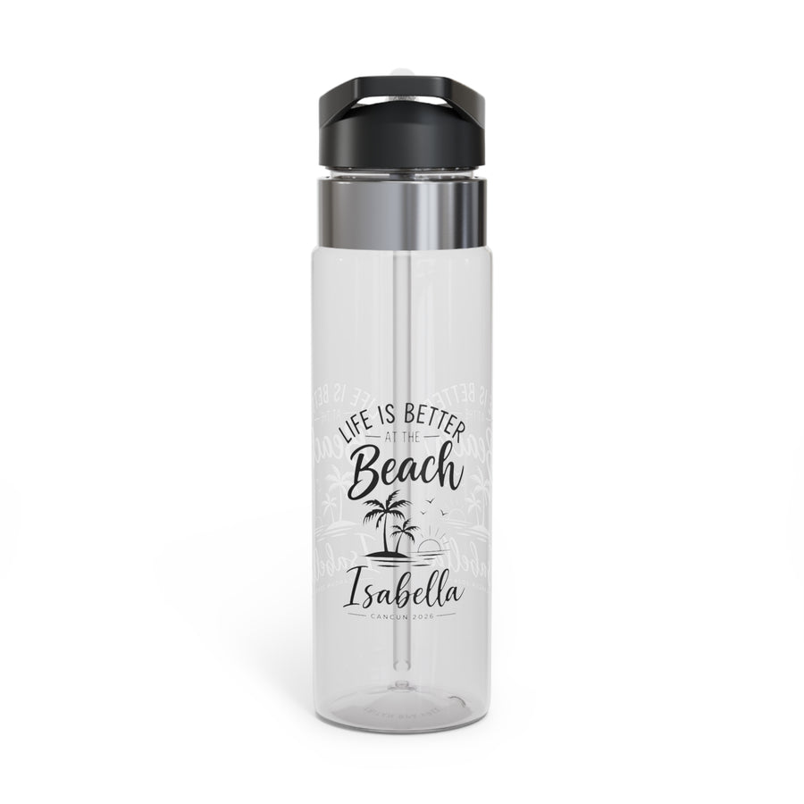 A clear water bottle with a black flip-top lid, stainless band and straw, printed with "Life is better at the Beach" above palm trees and the sample name "Isabella" with "Cancun 2026".