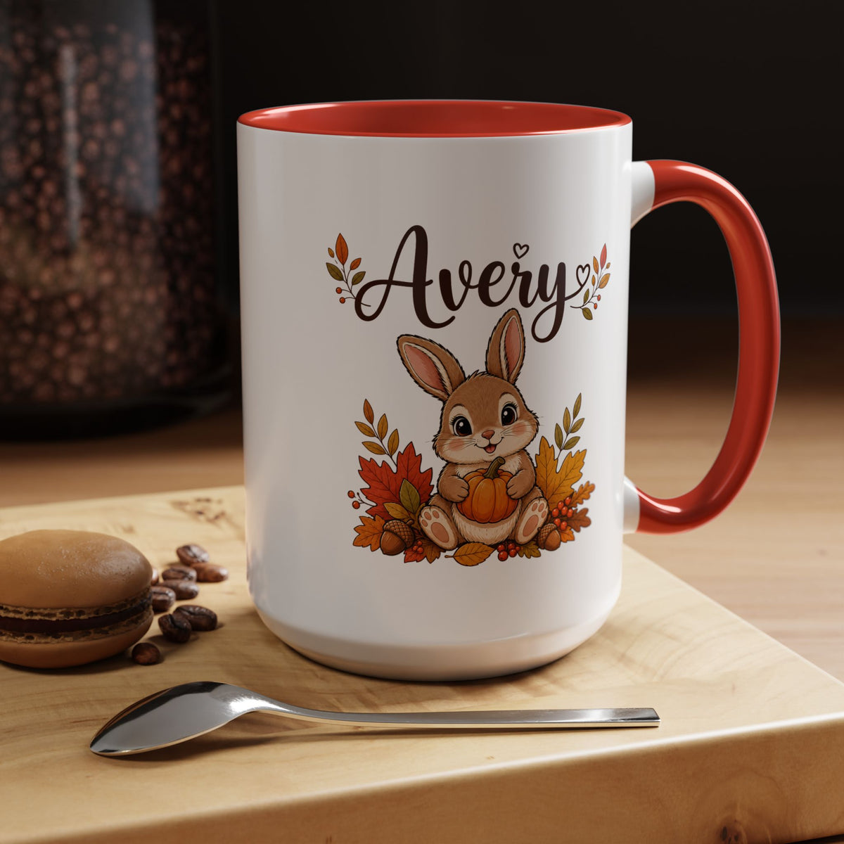 Personalized Bunny Mug with Name, Autumn Rabbit Coffee Cup, Cute Fall Woodland Gift for Daughter, Easter Basket or Birthday Keepsake