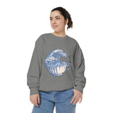 Great Wave Teacup Sweatshirt, Japanese Art Inspired Ocean Graphic, Gift for Tea Lovers and Coastal Art Fans, Casual Cafe Weekend Outfit