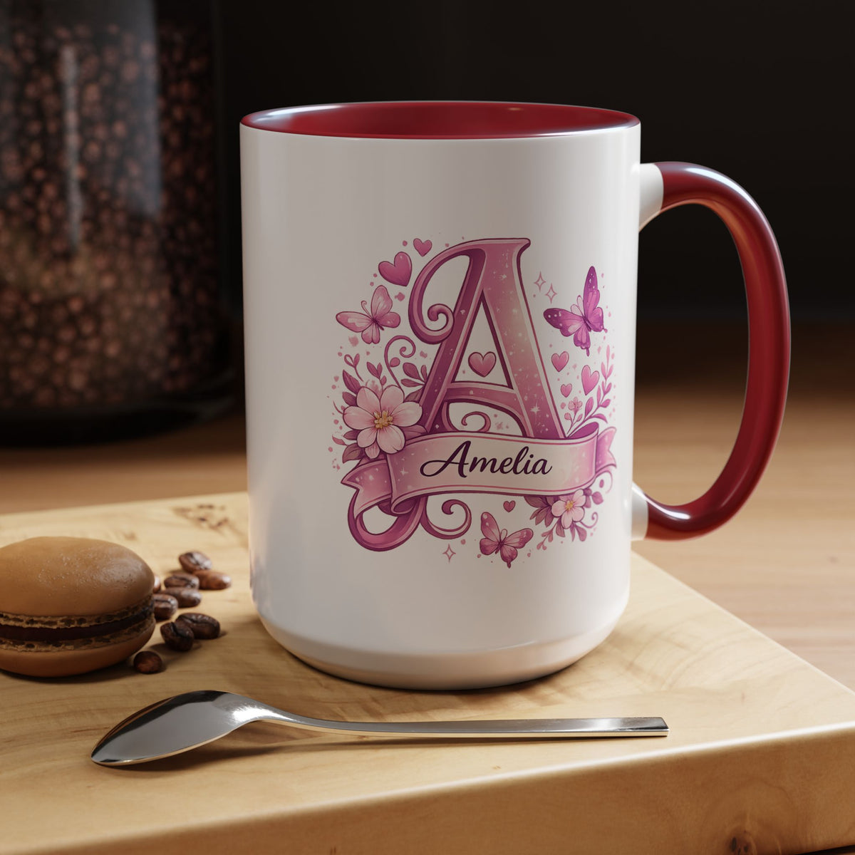 Personalized Butterfly Initial Mug, Custom Name Coffee Mug for Girls and Women, Floral Monogram Cup, Pink Aesthetic Gift, Custom Letter Mug