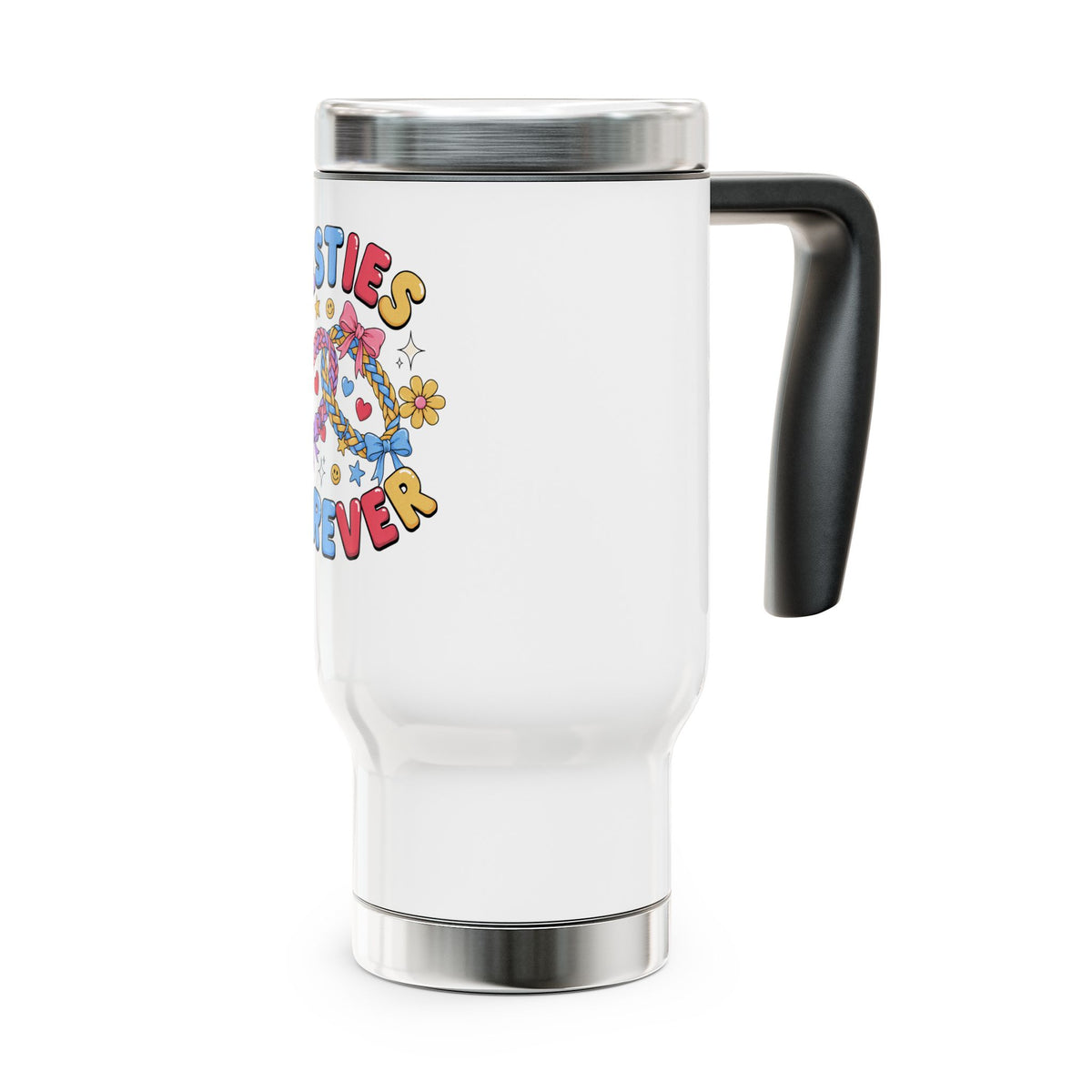 Besties Forever Travel Mug with Handle, Colorful Friendship Cup, Cute Best Friend Gift for Coffee Lovers and Daily Commutes