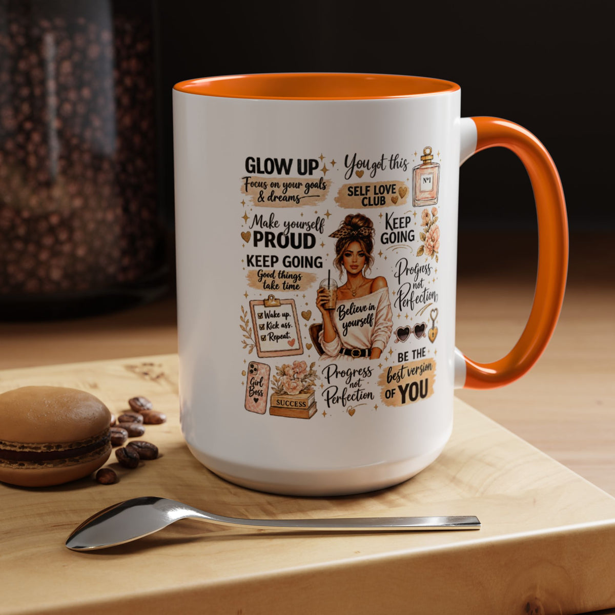 Glow Up Affirmations Coffee Mug, Girl Boss Self Care Gift for Her, Cute Messy Bun Aesthetic Motivational Ceramic Tea Cup with Pink Handle