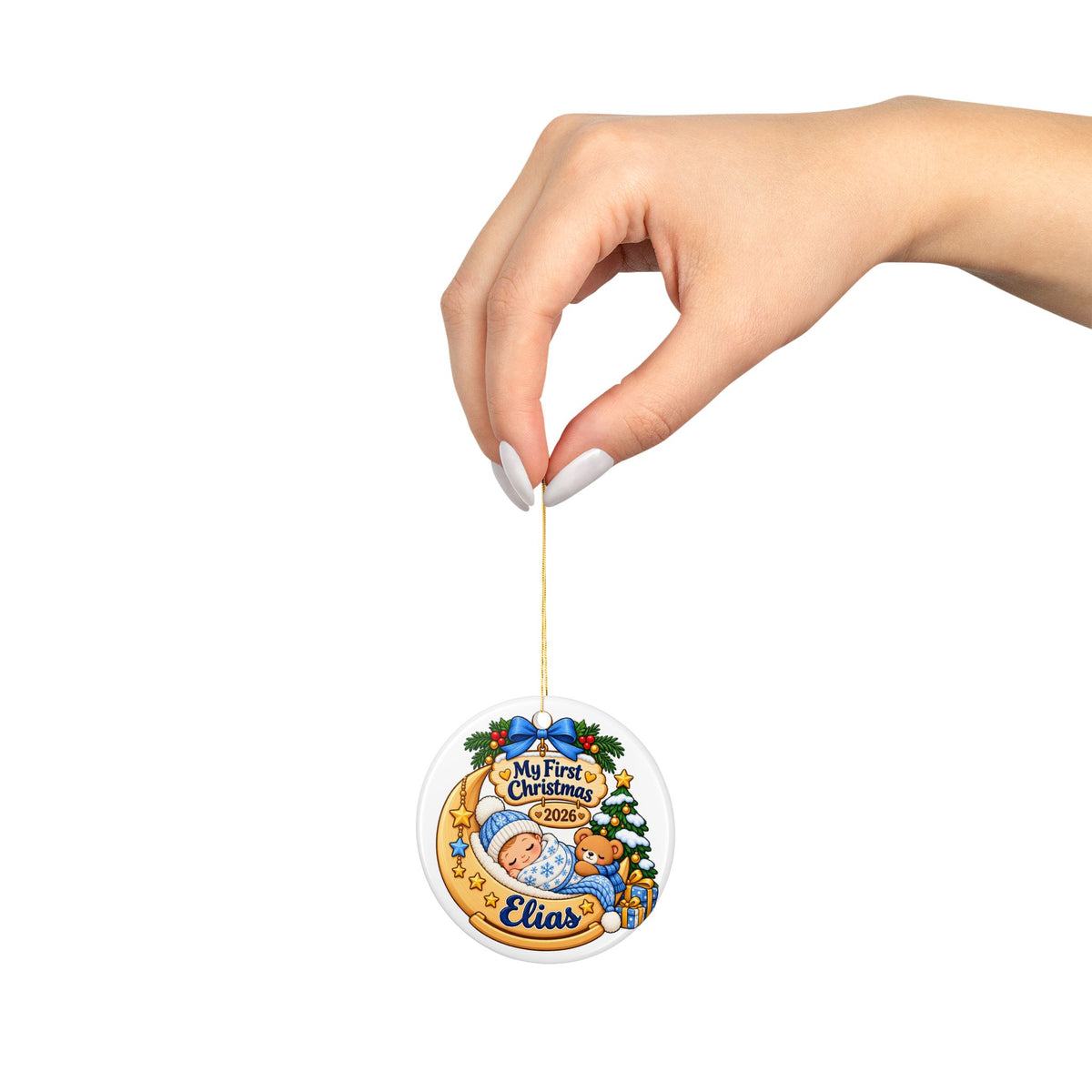 Personalized Baby First Christmas Ornament 2026, Blue Sleeping Baby on Crescent Moon, Custom Name Keepsake for New Parents and Grandparents