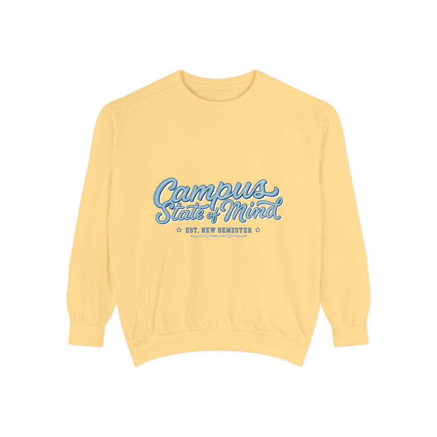 A pale yellow crewneck sweatshirt printed with Campus State of Mind in blue script and Est. New Semester.