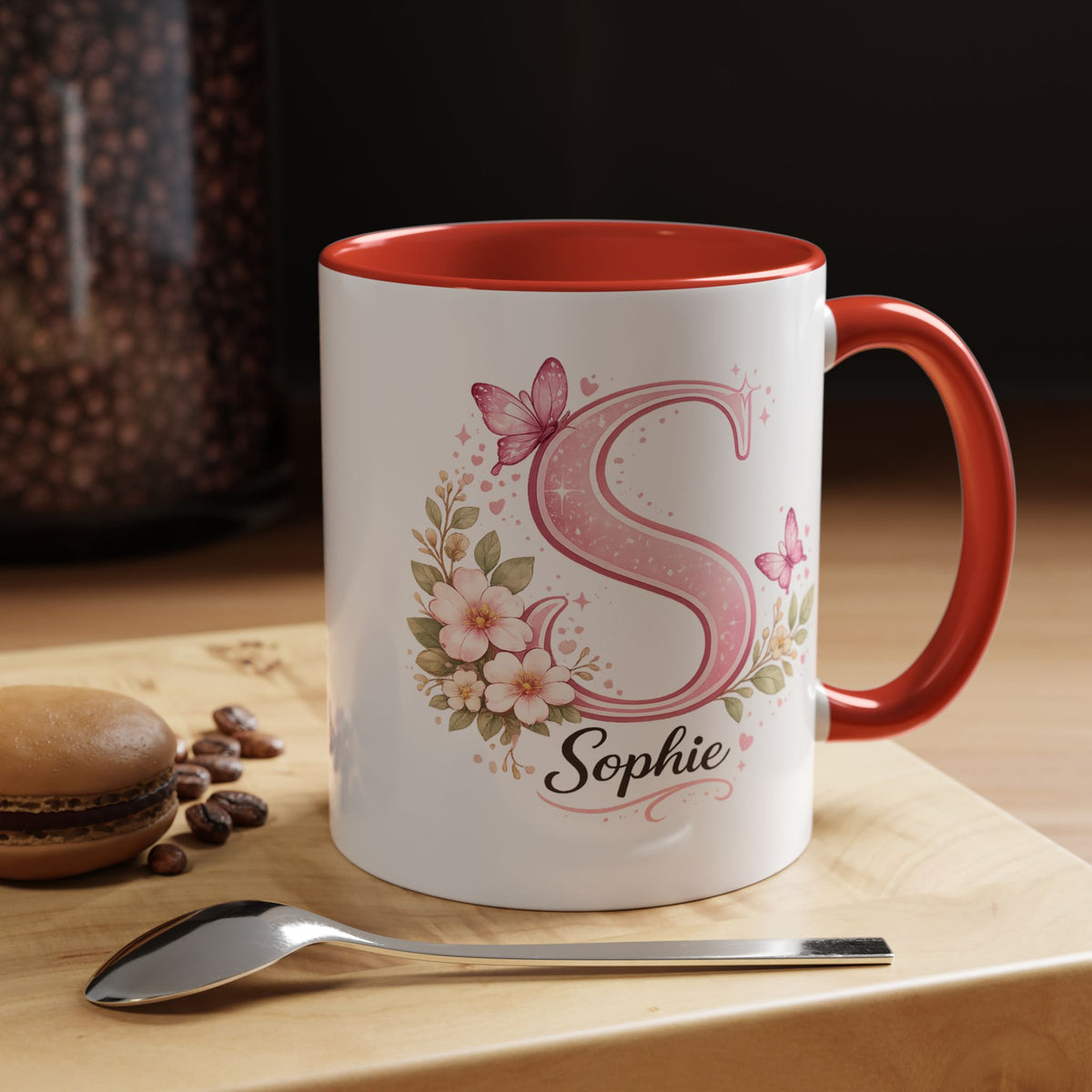 Personalized Butterfly Initial Mug, Custom Name Coffee Mug for Girls and Women, Pink Floral Monogram Cup, Birthday Gift, Custom Letter Mug