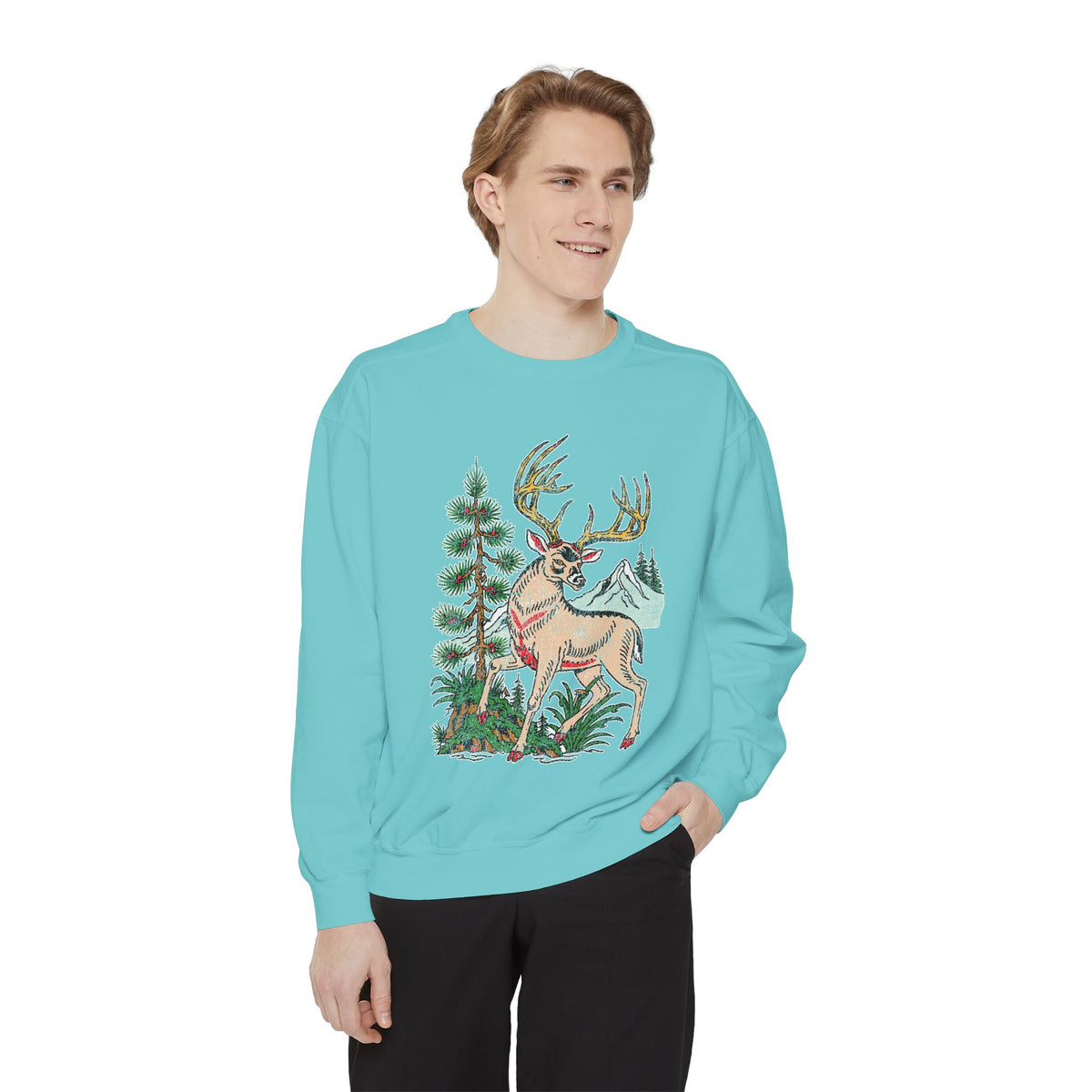 Woodland Deer Sweatshirt, Rustic Stag and Mountain Graphic, Gift for Wildlife Lovers and Hikers, Forest Inspired Cabin Weekend Clothing