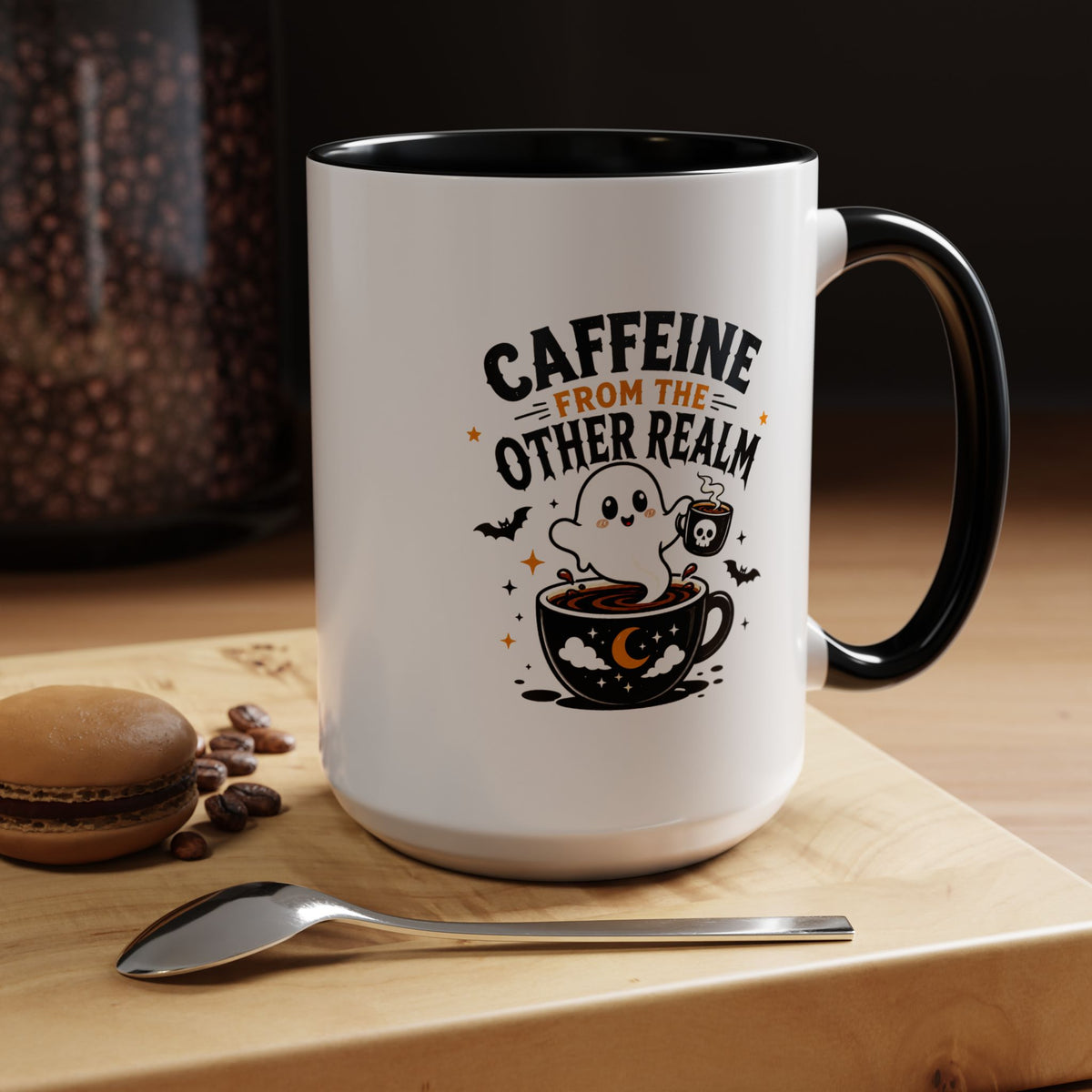 Halloween Ghost Coffee Mug, Caffeine From the Other Realm Black Accent Cup, Funny Spooky Gift for Coffee Lover, Barista or Coworker