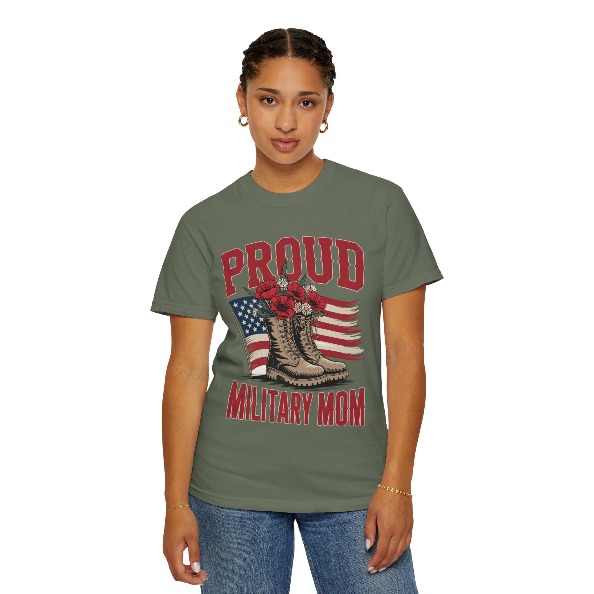 Proud Military Mom Shirt, Patriotic Army Mom T Shirt, Boots and Flowers Graphic Tee, American Flag Family Support Gift