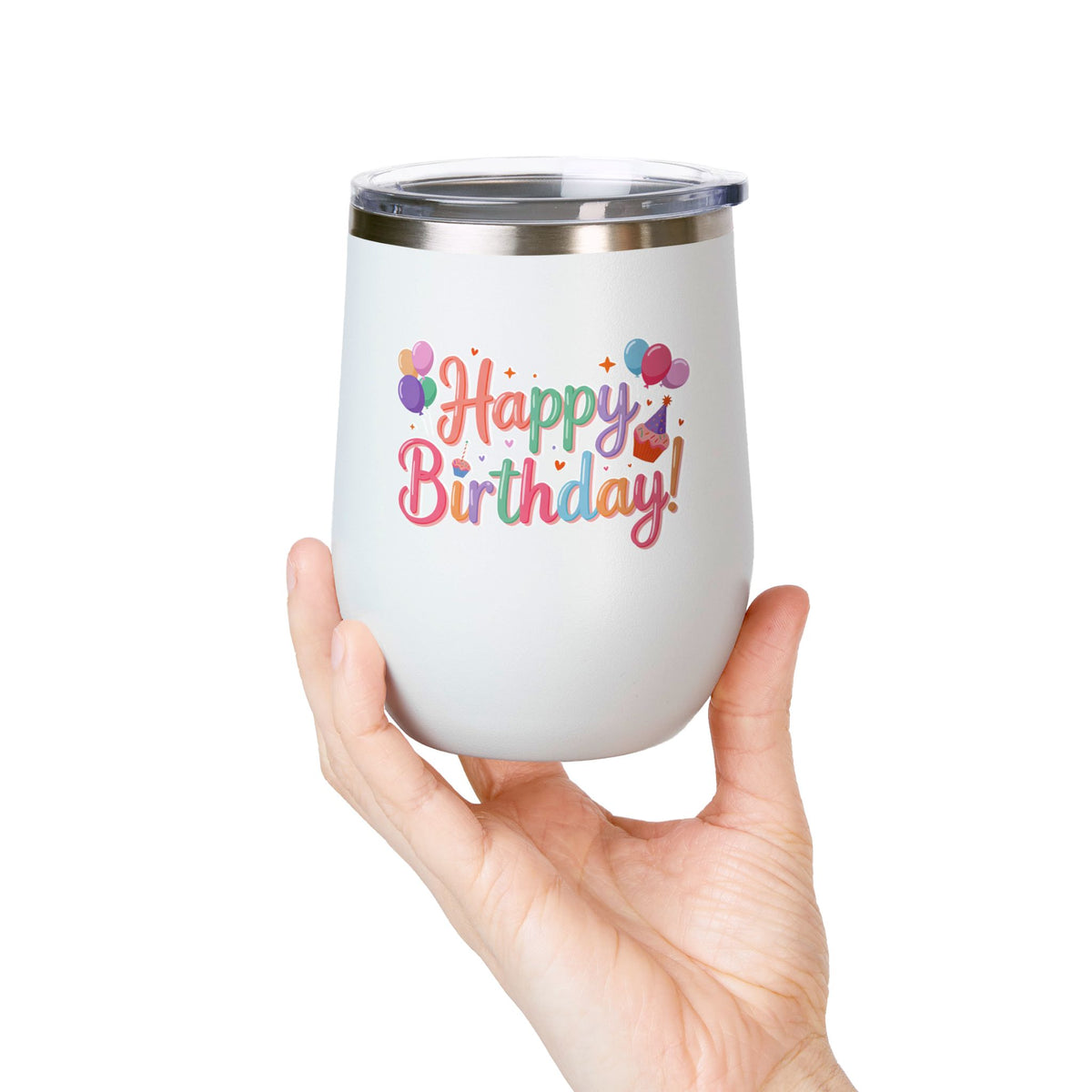 Happy Birthday Wine Tumbler, Pastel Balloons and Cupcake Design, Colorful Drinkware Gift for a Best Friend, Sister or Coworker Celebration