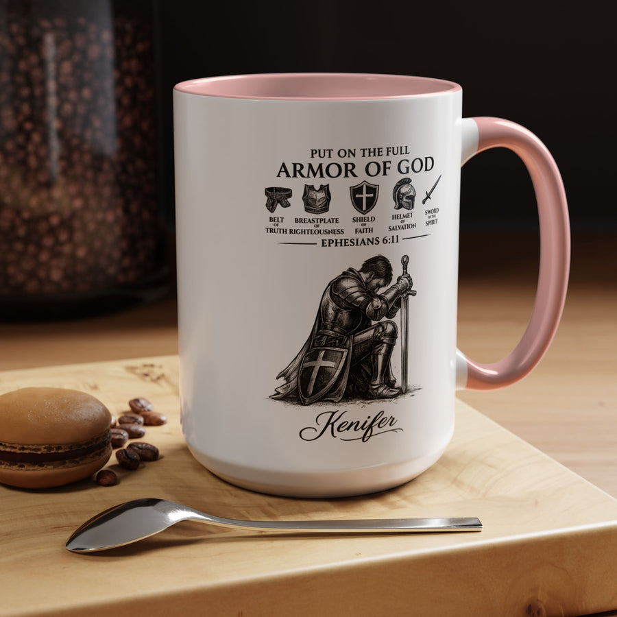 Full Armor of God personalized mug with kneeling knight and sample name Kenifer, 15 oz white mug with pink inside and handle
