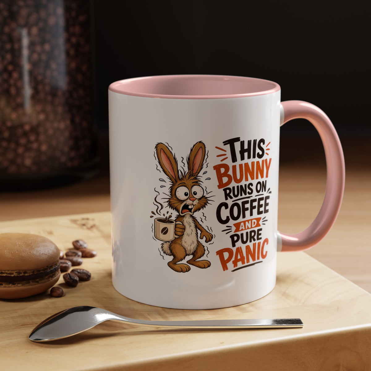 This Bunny Runs on Coffee and Pure Panic Coffee Mug, Funny Rabbit Lover Gift for Friends, Cute Sarcastic Ceramic Tea Cup with Black Handle