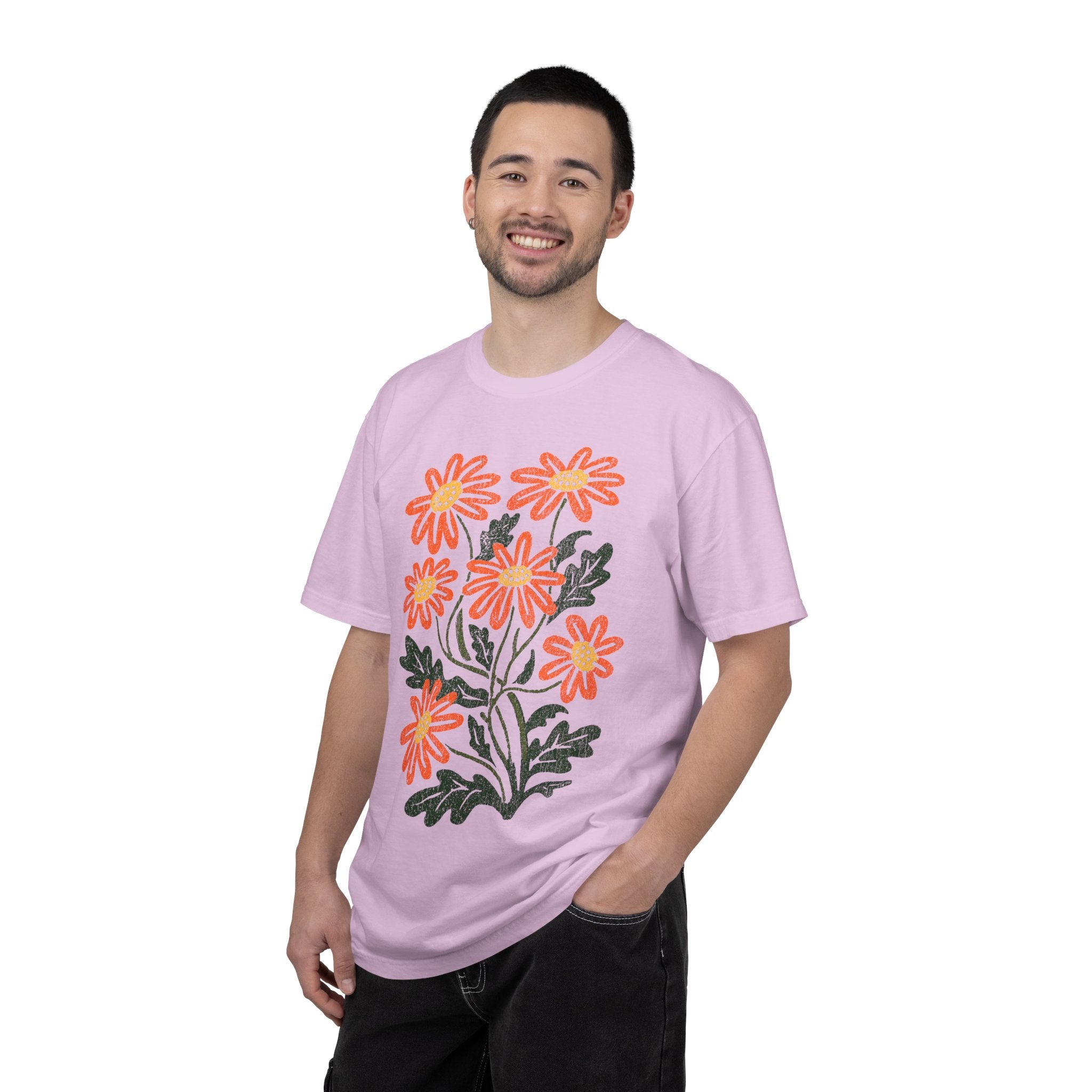 Orange Daisy Graphic Shirt, Retro Floral T-Shirt for Flower Lovers, Groovy Botanical Tee, Cheerful Garden Gift for Women and Gardeners