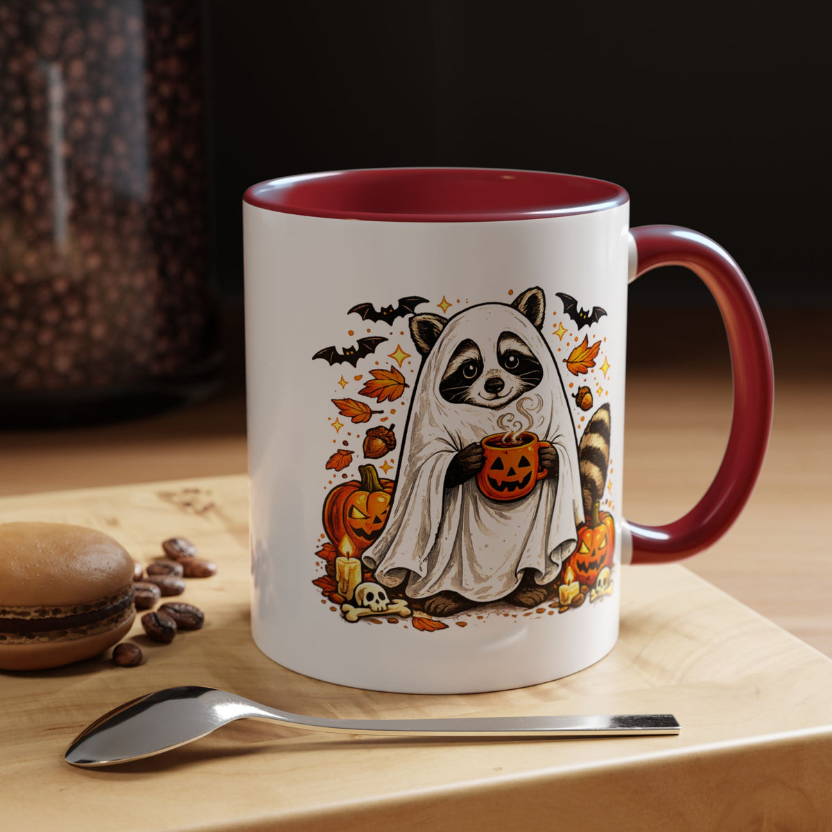 Cute Raccoon Halloween Mug, Ghost Costume Coffee Cup, Spooky Pumpkin Gift for Animal Lover, Fall Birthday or October Office Desk Decor