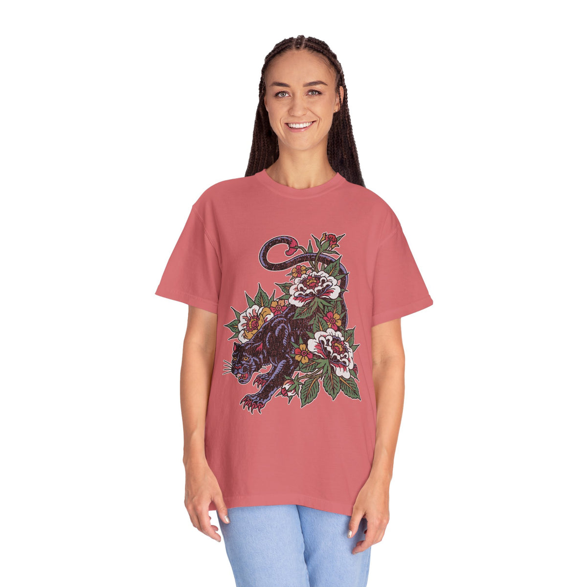 Traditional Panther Graphic Shirt, Floral Tattoo T-Shirt for Men and Women, Old School Big Cat Tee, Alternative Art Gift for Tattoo Fans