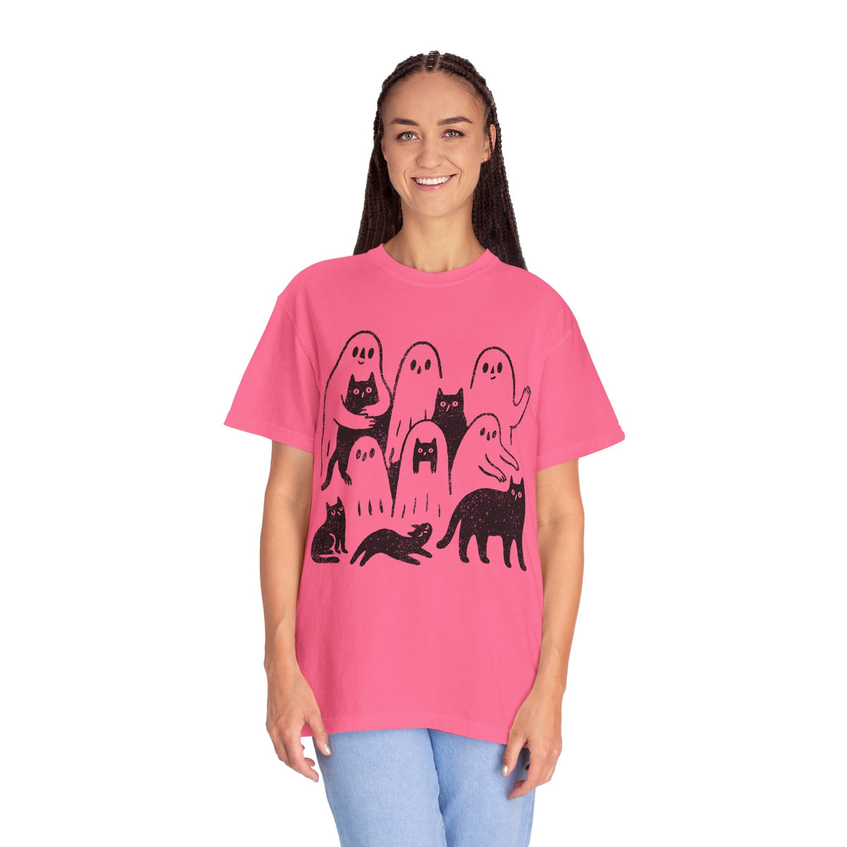 Ghost Cat Halloween Shirt, Cute Spooky Cats and Ghosts Graphic Tee, Cozy Pet Lover Gift, Minimal Black and White Fall Outfit for Women