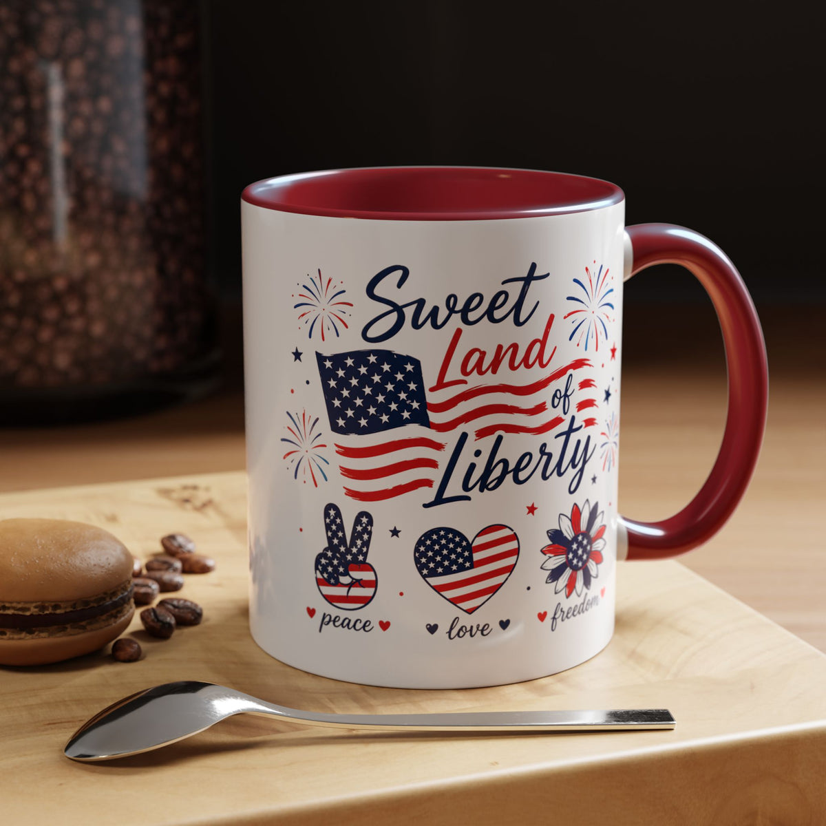 Sweet Land of Liberty Coffee Mug, Patriotic Fourth of July Mug, American Flag Heart Freedom Cup, USA Pride Gift for Women